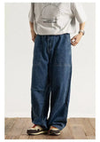 Wiaofellas  -  Large Size Men's Casual Wide Leg Jeans Loose Fit Workwear Trousers Washed Denim Straight Tube Zipper Fastening Non-Elastic