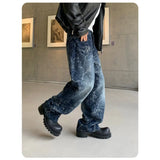 Wiaofellas  -  Men Vintage Rhinestone Wide Leg Jeans Crackle Wash Glitter Diamond Denim Pants Loose Straight Baggy Trousers Hip Hop Long Pants