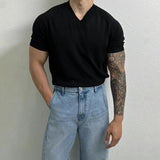 Wiaofellas  -  Summer New Men's Solid Color V-Neck T-Shirt American Retro Fashion Trend Simple Casual Loose Breathable Niche Men's Tops