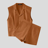 Wiaofellas  -  Men's Sets Solid Lapel Sleeveless Crop Shirt Shorts Two Piece Sets Streetwear Men Matching Sets Stylish Tracksuits