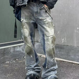 Wiaofellas  -  Streetwear Handmade Mud Dyed Dirty Blue Baggy Jeans for Men Distressed Hole Casual Patchwork Denim Trousers Oversized