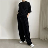 Wiaofellas  -  Black Men's Grey Solid Color Striped Casual Sweatpants New Elastic Waist Korean Trend Loose Wide Leg Trousers Summer