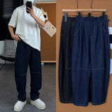 WIAOFELLAS  -  Mens Denim Pants Streetwear Trendy seam Lines Design Casual Wide-leg Jeans Drape Solid Fashion Versatile Summer Baggy Trousers