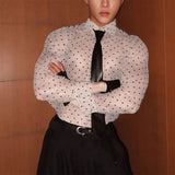 WIAOFELLAS  -  Men Shirt Polka Dot Printing Lapel Long Sleeve Button Men Clothing Mesh See Through Loose Fashion Male Shirts Streetwear