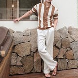Wiaofellas  -  Old Money Style Lapel Knitted T-shirts Mens Fashionable Striped Contrast Color Short Sleeve Knit Cardigan Summer Shirt Tops