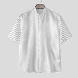 WIAOFELLAS  -  Men Striped Shirt Summer Stand Collar Short Sleeve Casual Men Clothing Streetwear 2025 Fashion Loose Male Shirts S-5XL