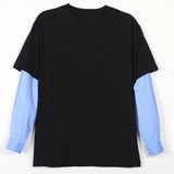 WIAOFELLAS  -  Japanese Korean Casual Sweatshirts Men Straight Base Shirt Splicing Striped Sleeves Fake Two-piece Solid Color Pullover T-shirt
