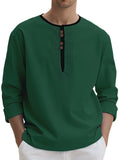 WIAOFELLAS  -  95% Linen Shirt Mens Patchwork Henry Collar Long Sleeved Pullover Top Spring Autumn Casual loose sports shirts Tee Streetwear