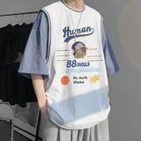 Wiaofellas American Hip Hop Tide Brand T-Shirt Men's Summer High Street Short Sleeve Over Size Fake Two Piece Half Sleeve White Black M-3XL