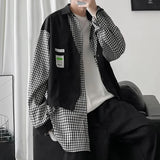 WIAOFELLAS  -  Fake Two-piece Plaid Spliced   long-sleeved Shirt Loose Design Men's Casual Hong Kong Style Jacket Spring and Autumn New Style