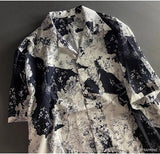 Wiaofellas  -  Men's Black White Floral Print Lapel Short Sleeve Shirt Casual Loose Vintage Blouse