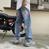 WIAOFELLAS  -  New trendy loose straight leg black printed washed denim jeans