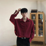 Wiaofellas  -  Double Collar Long Sleeve Shirt Men White Shirt Vintage Wine Red Shirts Men Korean Comfortable Blouse Casual Loose Lapel Shirt