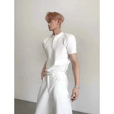 Wiaofellas  -  New Summer Men White Henry Neck Top Regular Shoulder Short Sleeve Polo Shirt Stylish Minimal Daily Casual Wear With High
