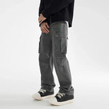 WIAOFELLAS  -  Solid Color Button Zipper Men's Clothing Spring Autumn Trousers Cargo Wide Leg Elastic Pockets High Waisted Casual Vintage Pants