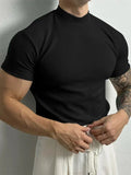 Wiaofellas  -  Spring Summer Elastic Comfortable Men's T-shirt Small High Collar Stripe Shirt Short Sleeve Fitness Tops Sports Casual T-shirt