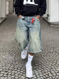 WIAOFELLAS  -  Men Copped Streetwear Retro Jeans Mid Waist Rompers Jumpsuits Knee Length Denim Casual Solid Washing