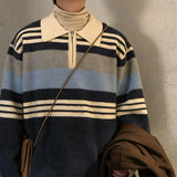 Wiaofellas  -  Autumn Men Knitted Maillard Polo Sweater Long Sleeve Striped Patchwork Lapel Pullover Trendy Light Luxury Korean Style Knitwear