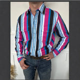 Wiaofellas  -  Men's Retro Western Striped Shirt Casual Short Sleeve Button-Up Cowboy Style Shirt