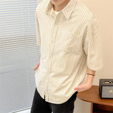 WIAOFELLAS  -  Men's Oversized Striped Casual Shirt - Korean Fashion Trend Short Sleeve Button-Down Collared Top  Stylish Layered Streetwear