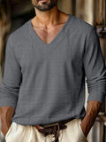 Wiaofellas  -  Autumn New Men's Plaid Pattern Jacquard Fabric V-neck Casual Sports Off-shoulder Sleeve Long-sleeved T-shirt