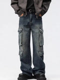Wiaofellas  -  Autumn Men's Casual Multi-pocket Wide Leg Denim Pants High Street Fashion Y2K Baggy Jeans Punk Hip Hop Distressed Cargo Jean