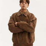 WIAOFELLAS  -  Mens PU Leather Jacket Japanese Harajuku Fashionable Retro Casual Zipper Loose Coats Lapel Patchwork Tooling Outwear Spring
