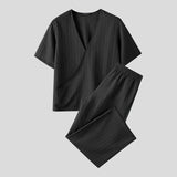 WIAOFELLAS  -  Men Sets Solid Color V Neck Short Sleeve T Shirt & Pants Two Pieces Sets Summer Streetwear 2025 Loose Fashion Men Suits