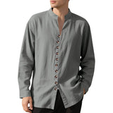 Wiaofellas  -  Spring and Autumn New Style Shirt Long Sleeve Men's Casual Retro Lapel French Henry Collar Single Breasted T-shirt
