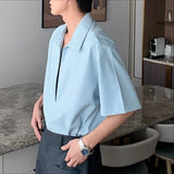 WIAOFELLAS  -  Men's Shirt Lapel Short Sleeve Solid Casual Men Clothing Loose Korean Style Streetwear Shirts Fashion Male Tops S-5XL