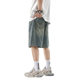 Wiaofellas  -  Men's Vintage Washed Denim Shorts Summer Wide Leg Five Casual Straight Leg Pants