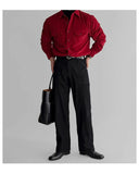 WIAOFELLAS  -  Burgundy thin corduroy shirt men's flip double patch pocket high-end mature long-sleeved red shirt men Autumn clothes