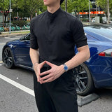 WIAOFELLAS  -  Summer New Stand Collar Fashion Half Sleeve Shirt Man High Street Casual Slim Button Cardigan Solid Color Office All-match Tops