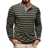 WIAOFELLAS  -  New Men's Henley Collar Long Sleeve T-Shirts Striped Casual Button T Shirt for Men Spring Autumn Male Fashion Cotton Tees Tops
