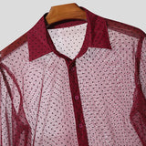WIAOFELLAS  -  Men Shirt Polka Dot Printing Lapel Long Sleeve Button Men Clothing Mesh See Through Loose Fashion Male Shirts Streetwear