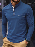 Wiaofellas  -  Men Stand Collar Henry Long Sleeve Polo Shirt Soft Fabric Pocket Casual Spring Daily Tops