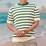 Wiaofellas  -  Vintage Holiday Style Striped Tees Pullover Men Clothing Casual Short Sleeve Knitted Shirts Fashion O-Neck T Shirt Tops