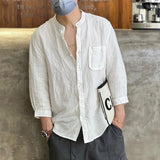 WIAOFELLAS  -  Spring Summer New Solid Color Fashion Round Neck Shirt Man High Street Three Quarter Button Cardigan Fiberflax Breathable Tops