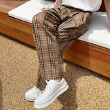 Wiaofellas New Korean Loose Wide Leg Versatile Plaid Belt Long Pants For Men Causal Loose Vintage Streetwear Trousers Male 2Y8282