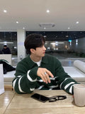 WIAOFELLAS  -  Korean semi-zipper striped color-blocking men's autumn and winter style trendy and versatile warm lapel sweater jacket