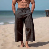 Wiaofellas  -  Men Casual Solid Color Cotton Linen Multi-Button Beach Pant Fashion Mid-Waist Loose Trouser Men Drawstring Pocket Wide-Leg Pants