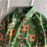 Wiaofellas  -  New Summer Graffiti Cartoon Cat INS Retro Short Sleeve Floral Shirt Hawaiian Beach Coast Outerwear Breathable Polyester Casual