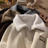 Wiaofellas  -  Lamb Velvet Collared Sweatirt Men's Autumn Winter Thiened Fce Loose Japanese Sle Retro Versatile Corduroy Top Coat