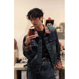 WIAOFELLAS  -  Retro American Design Spring Plaid Patchwork Distred Denim Jaet Men Loose Cool Couple Outerwear Long Sve Button up