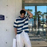 WIAOFELLAS  -  Fashion Men's Striped Contrast Color Knit Loose T-shirts Trendy Short Sleeves O-neck Casual Tops Male 2025 Summer 2A0917