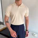 WIAOFELLAS  -  Spring Summer New Men's Knitted Polo Shirt Striped Casual Slim Tees Men Lapel Business Pullover Polo Short Sleeve Tops Clothing