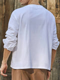 Wiaofellas  -  Cotton Linen T-shirts Men Long Sleeve Pure Color Vintage Buttoned O Neck Pullover Tops Breathable Thin Loose Casual Mens T Shirt