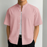 WIAOFELLAS  -  Men Striped Shirt Summer Stand Collar Short Sleeve Casual Men Clothing Streetwear 2025 Fashion Loose Male Shirts S-5XL