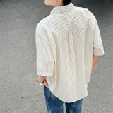 WIAOFELLAS  -  Men's Oversized Striped Casual Shirt - Korean Fashion Trend Short Sleeve Button-Down Collared Top  Stylish Layered Streetwear