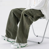 WIAOFELLAS  -  Elastic Pockets High Waisted Spring Autumn Drawstring Solid Color Casual Trousers Cargo Men's Clothing Wide Leg Vintage Pants